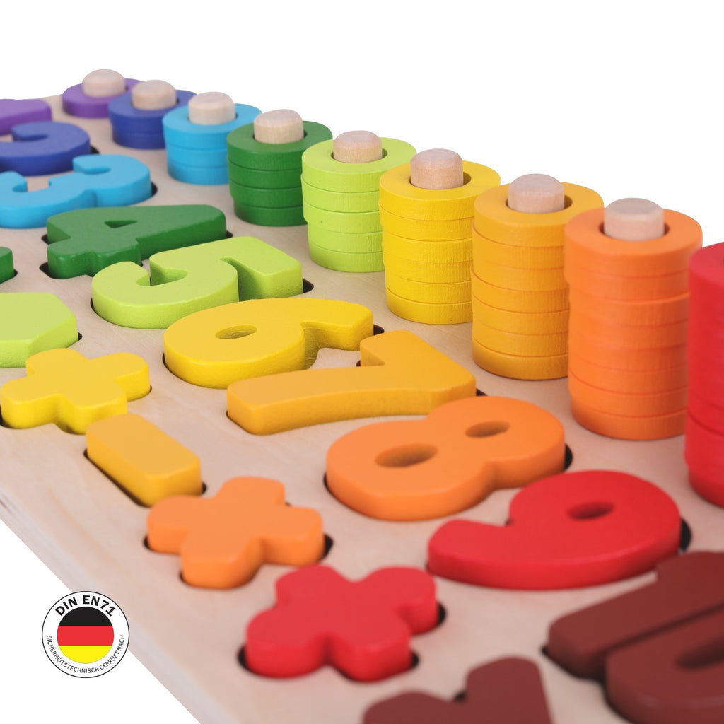 "Regenbogen-Zahlenwelt" - Premium Holz-Zahlenpuzzle mit Baumwollbeutel - SCHMETTERLINE