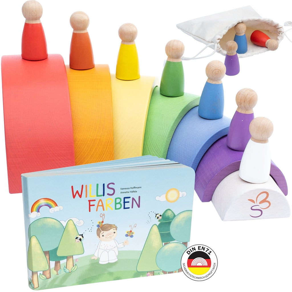 "Willis Regenbogenwelt" - Premium Regenbogen aus Buchenholz mit Holzfiguren und Kinderbuch - SCHMETTERLINE