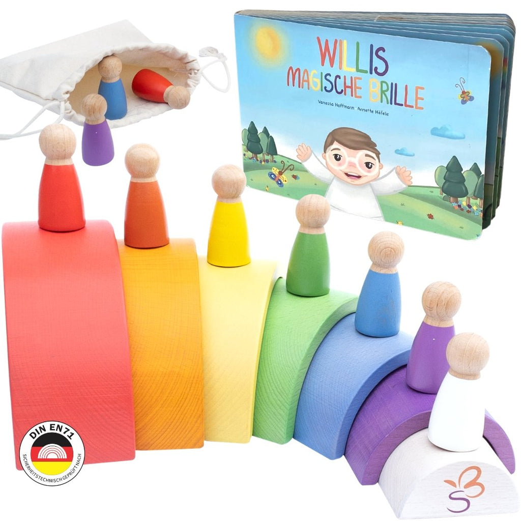 "Willis magische Brille" - Holz-Regenbogen mit Holzfiguren und Kinderbuch - SCHMETTERLINE